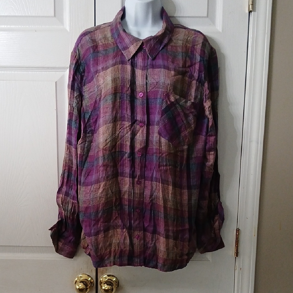 Style & Co purple blue tan electric Plaid Button-Up Shirt Sz XL NWT super soft - Picture 1 of 9